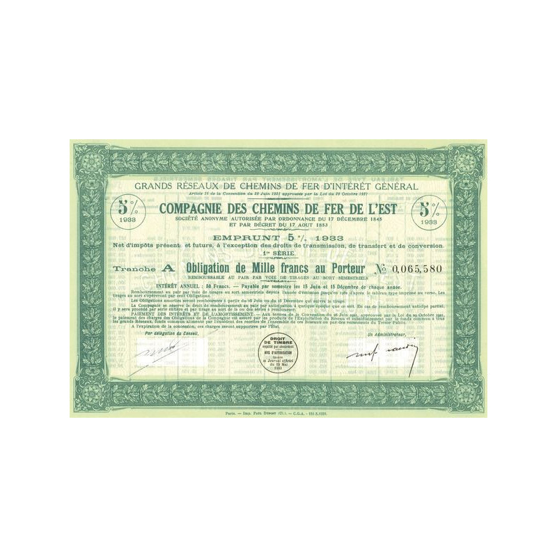 Grands Réseaux de Chemins de Fer d'Intérêt Général - Cie des Chemins de Fer de l'Est - Emprunt 5 % 1933 Tranche A (Obl 1000 F)
