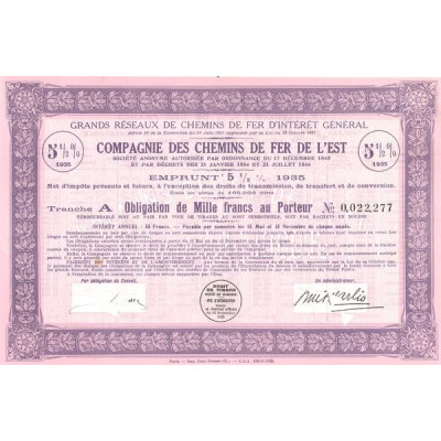Grands Réseaux de Chemins de Fer d'Intérêt Général - Cie des Chemins de Fer de l'Est - Emprunt 5 1/2 % 1935 Tranche A (Obl 1000 