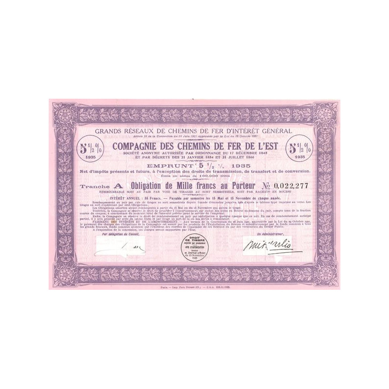 Grands Réseaux de Chemins de Fer d'Intérêt Général - Cie des Chemins de Fer de l'Est - Emprunt 5 1/2 % 1935 Tranche A (Obl 1000 
