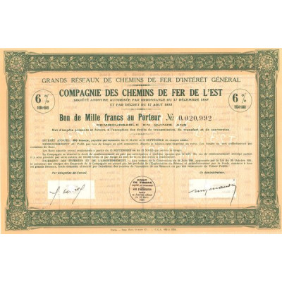 Grands Réseaux de Chemins de Fer d'Intérêt Général - Cie des Chemins de Fer de l'Est - Emprunt 6 % 1934-1949 (Bon 1000 F)