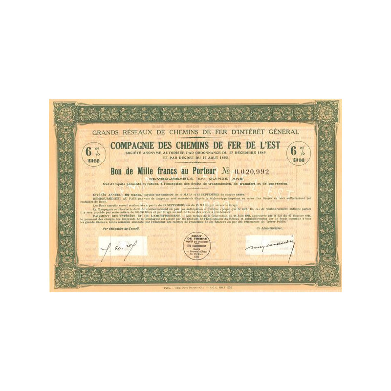 Grands Réseaux de Chemins de Fer d'Intérêt Général - Cie des Chemins de Fer de l'Est - Emprunt 6 % 1934-1949 (Bon 1000 F)