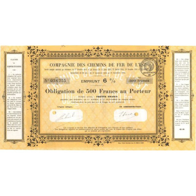 Cie des Chemins de Fer de l'Est - Emprunt 6 % 1920 (Jaune)(Obl 500 F)