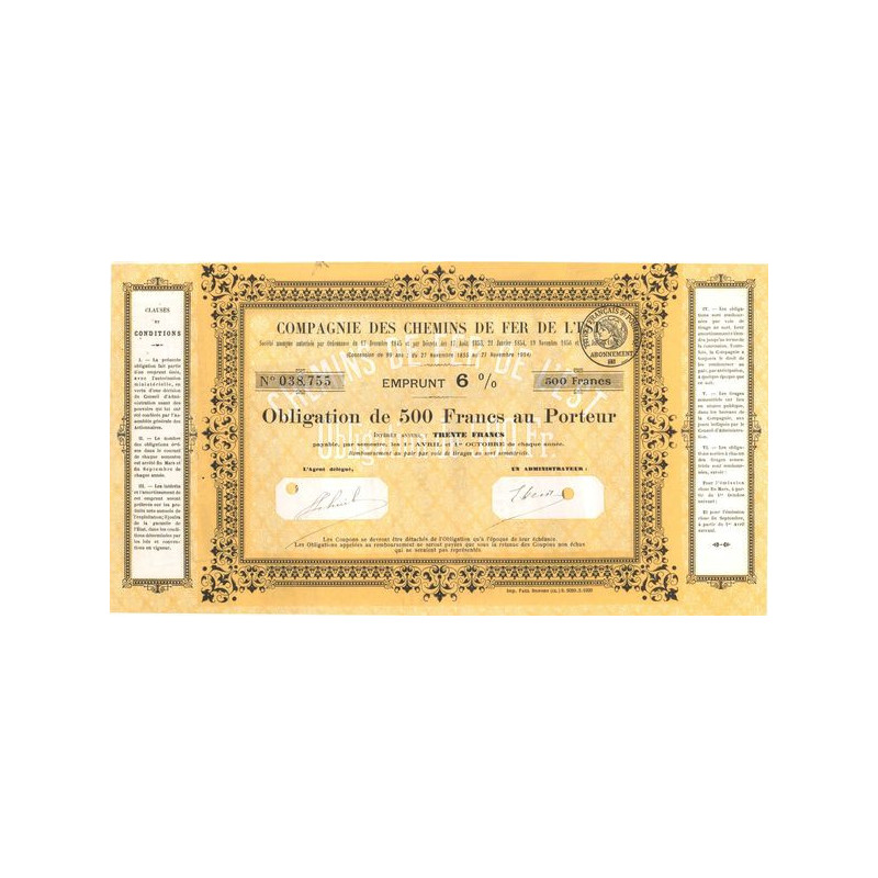 Cie des Chemins de Fer de l'Est - Emprunt 6 % 1920 (Jaune)(Obl 500 F)