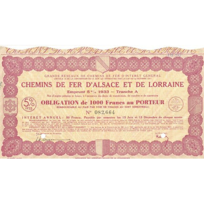Grands Réseaux de Chemins de Fer d'Intérêt Général - Chemins de Fer d'Alsace et de Lorraine - Emprunt 5 % 1933 (Rouge)(Obl 1000 