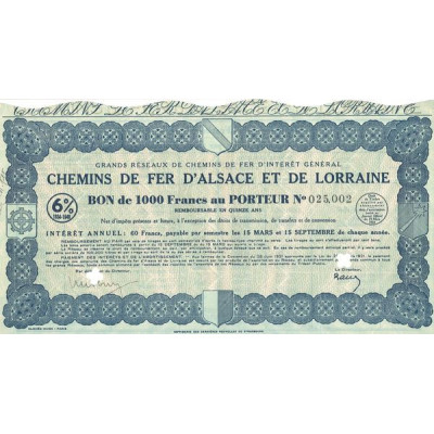 Grands Réseaux de Chemins de Fer d'Intérêt Général - Chemins de Fer d'Alsace et de Lorraine - Emprunt 6 % 1934-1949 (Bleu)(Bon 1