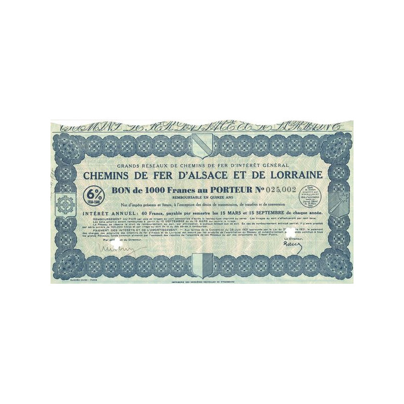 Grands Réseaux de Chemins de Fer d'Intérêt Général - Chemins de Fer d'Alsace et de Lorraine - Emprunt 6 % 1934-1949 (Bleu)(Bon 1