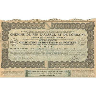 Grands Réseaux de Chemins de Fer d'Intérêt Général - Chemins de Fer d'Alsace et de Lorraine - Emprunt 5 1/2 % 1935 Tranche A (Ob