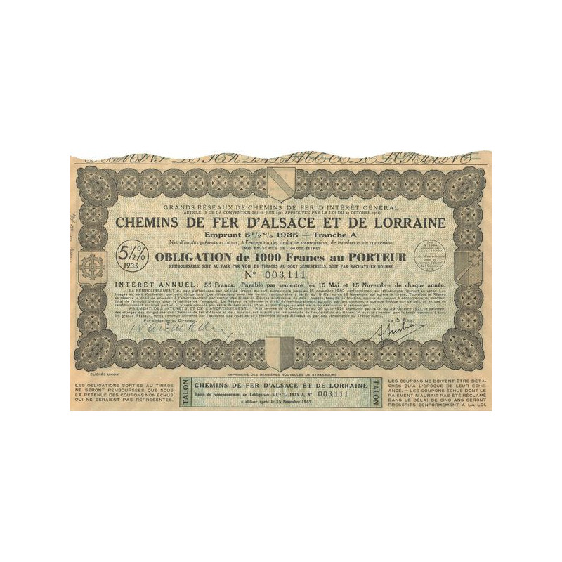 Grands Réseaux de Chemins de Fer d'Intérêt Général - Chemins de Fer d'Alsace et de Lorraine - Emprunt 5 1/2 % 1935 Tranche A (Ob