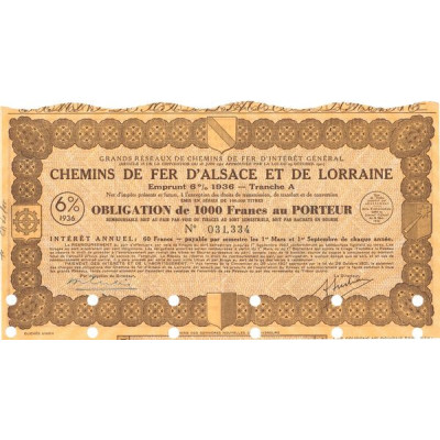 Grands Réseaux de Chemins de Fer d'Intérêt Général - Chemins de Fer d'Alsace et de Lorraine - Emprunt 6 % 1936 Tranche A (Jaune)