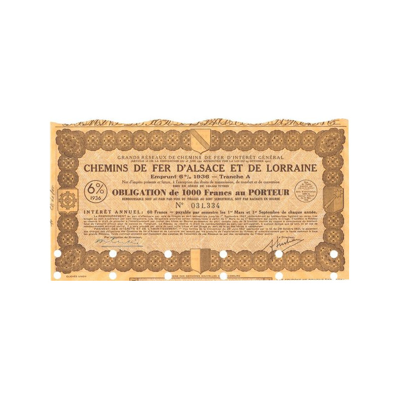 Grands Réseaux de Chemins de Fer d'Intérêt Général - Chemins de Fer d'Alsace et de Lorraine - Emprunt 6 % 1936 Tranche A (Jaune)