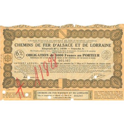 Grands Réseaux de Chemins de Fer d'Intérêt Général - Chemins de Fer d'Alsace et de Lorraine - Emprunt 6 % 1936 Tranche A (Jaune)