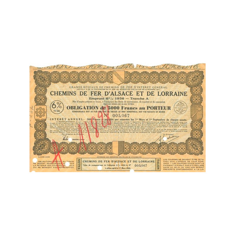 Grands Réseaux de Chemins de Fer d'Intérêt Général - Chemins de Fer d'Alsace et de Lorraine - Emprunt 6 % 1936 Tranche A (Jaune)