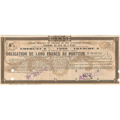 Grands Réseaux de Chemins de Fer d'Intérêt Général - Chemins de Fer de l'Etat - Emprunt 6 % 1936 Tranche A (Obl 1000 F)