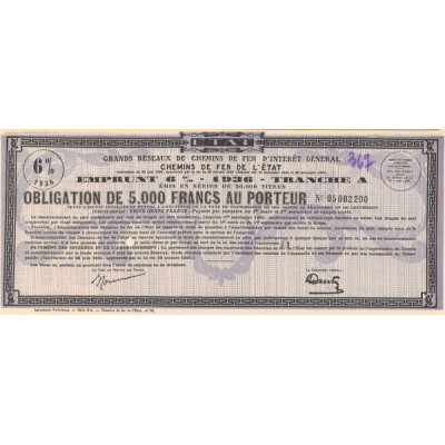 Grands Réseaux de Chemins de Fer d'Intérêt Général - Chemins de Fer de l'Etat - Emprunt 6 % 1936 Tranche A (Obl 5000 F)