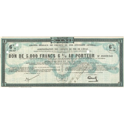 Grands Réseaux de Chemins de Fer d'Intérêt Général - Administration des Chemins de Fer de l'Etat - Bon 6 % 1934-1949 (Bon 5000 F