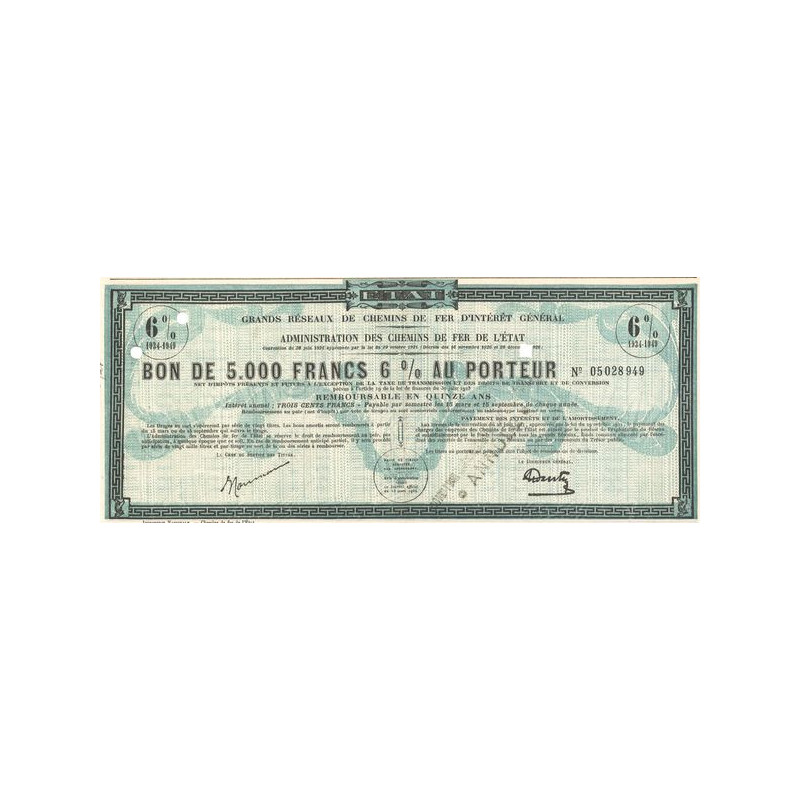 Grands Réseaux de Chemins de Fer d'Intérêt Général - Administration des Chemins de Fer de l'Etat - Bon 6 % 1934-1949 (Bon 5000 F