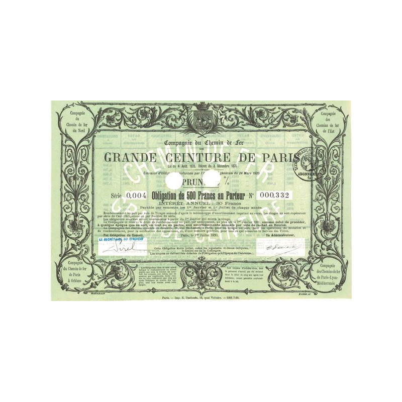 Grands Réseaux de Chemins de Fer d'Intérêt Général - Chemin de Fer de Grande Ceinture de Paris 6% 1920 (Obl 6% 500 F)