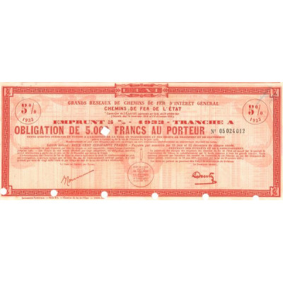 Grands Réseaux de Chemins de Fer d'Intérêt Général - Chemins de Fer de l'Etat - Emprunt 5% 1933 Tranche A (Obl 5000 F 5%)