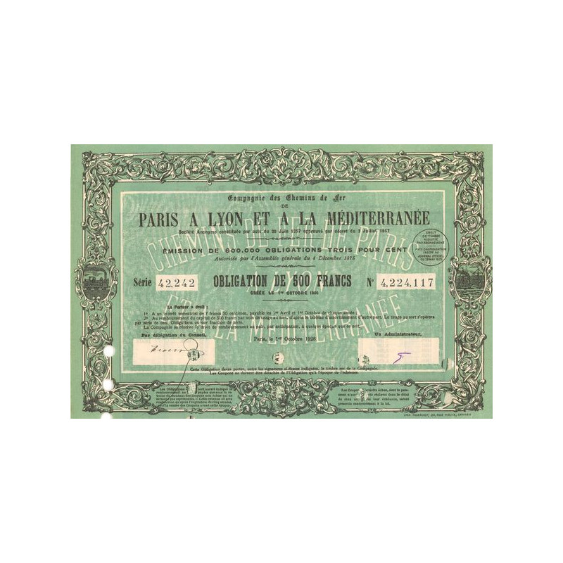 Cie des Chemins de Fer de Paris à Lyon et à la Méditerranée (Obl 500 F) (Verte)