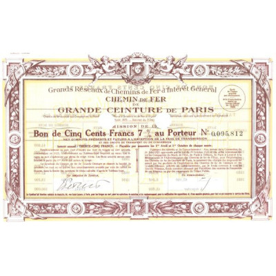 Grands Réseaux de Chemins de Fer d'Intérêt Général - Chemin de Fer de Grande Ceinture de Paris 7% 1926 (Bon 7% 500 F)