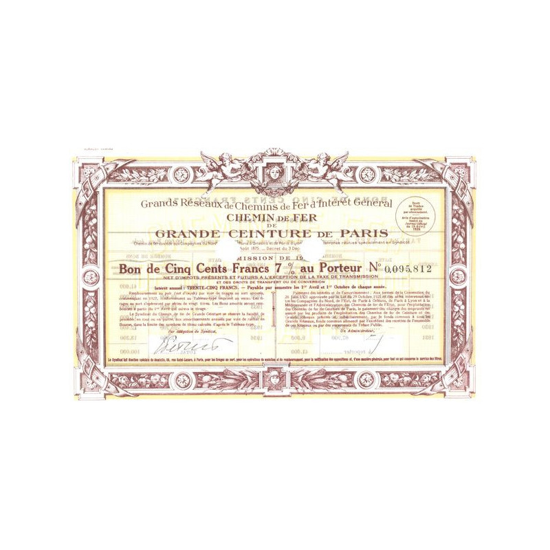 Grands Réseaux de Chemins de Fer d'Intérêt Général - Chemin de Fer de Grande Ceinture de Paris 7% 1926 (Bon 7% 500 F)