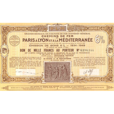Grands Réseaux de Chemins de Fer d'Intérêt Général - Chemins de Fer de Paris à Lyon et à la Méditerranée - Emprunt 6% 1934-1949 
