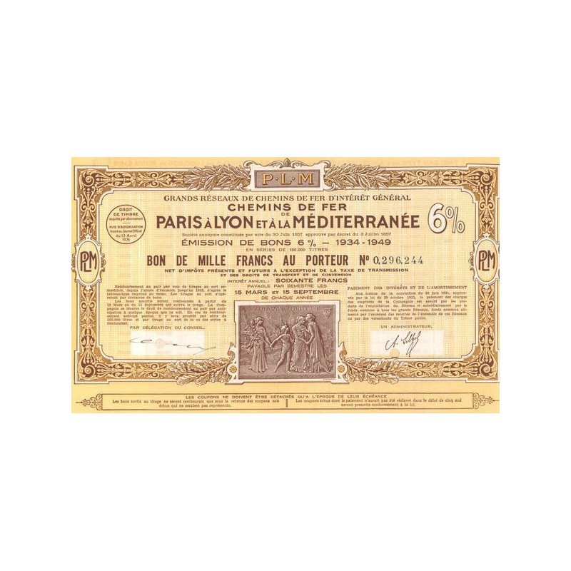 Grands Réseaux de Chemins de Fer d'Intérêt Général - Chemins de Fer de Paris à Lyon et à la Méditerranée - Emprunt 6% 1934-1949 