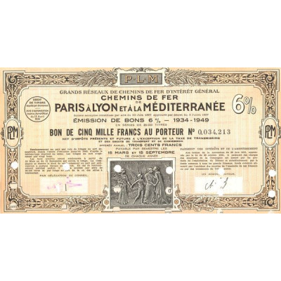 Grands Réseaux de Chemins de Fer d'Intérêt Général - Chemins de Fer de Paris à Lyon et à la Méditerranée - Emprunt 6% 1934-1949 