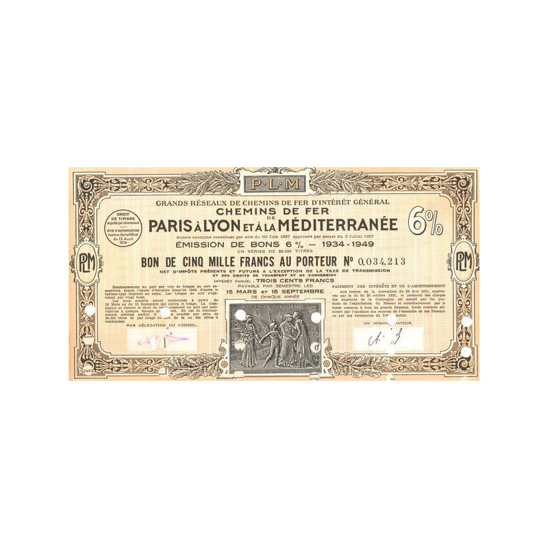 Grands Réseaux de Chemins de Fer d'Intérêt Général - Chemins de Fer de Paris à Lyon et à la Méditerranée - Emprunt 6% 1934-1949 