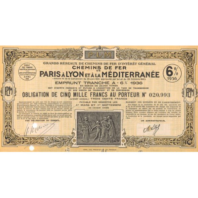 Grands Réseaux de Chemins de Fer d'Intérêt Général - Chemins de Fer de Paris à Lyon et à la Méditerranée - Emprunt 6% 1936 (Oran