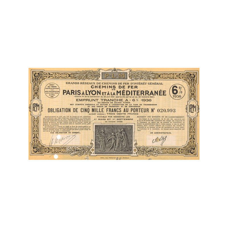 Grands Réseaux de Chemins de Fer d'Intérêt Général - Chemins de Fer de Paris à Lyon et à la Méditerranée - Emprunt 6% 1936 (Oran