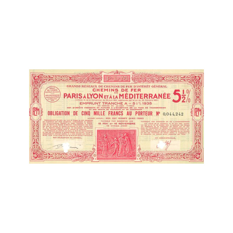 Grands Réseaux de Chemins de Fer d'Intérêt Général - Chemins de Fer de Paris à Lyon et à la Méditerranée - Emprunt 5% 1/2 1935 T