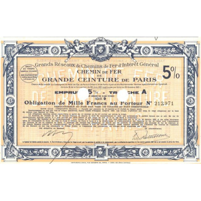 Grands Réseaux de Chemins de Fer d'Intérêt Général - Chemin de Fer de Grande Ceinture de Paris 5% Tranche A (Obl 5% 1000 F)