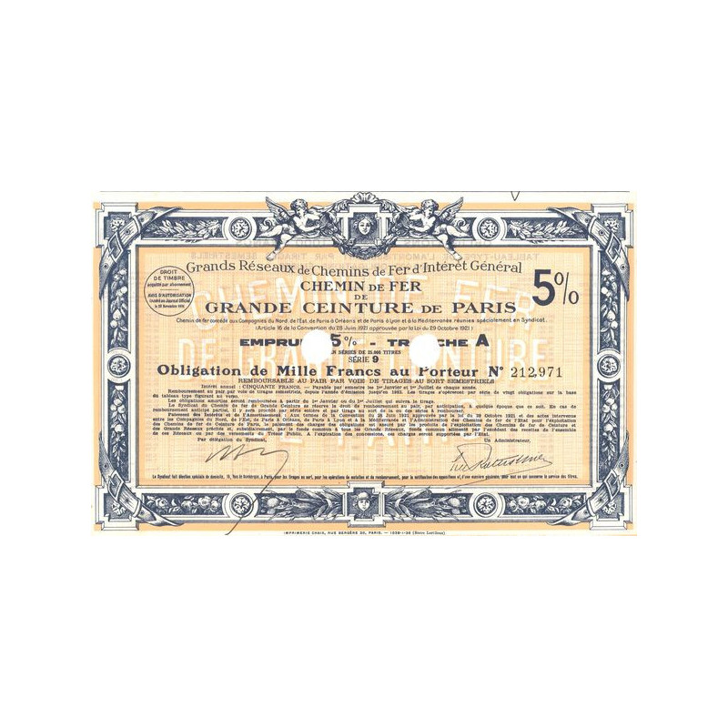 Grands Réseaux de Chemins de Fer d'Intérêt Général - Chemin de Fer de Grande Ceinture de Paris 5% Tranche A (Obl 5% 1000 F)