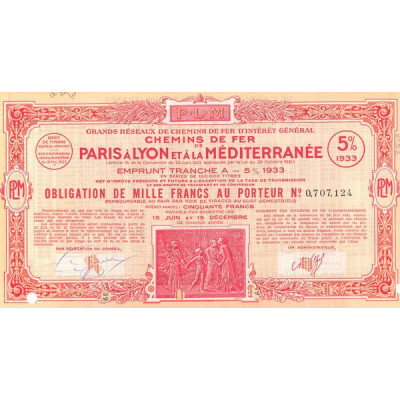 Grands Réseaux de Chemins de Fer d'Intérêt Général - Chemins de Fer de Paris à Lyon et à la Méditerranée - Emprunt 5% 1933 Tranc