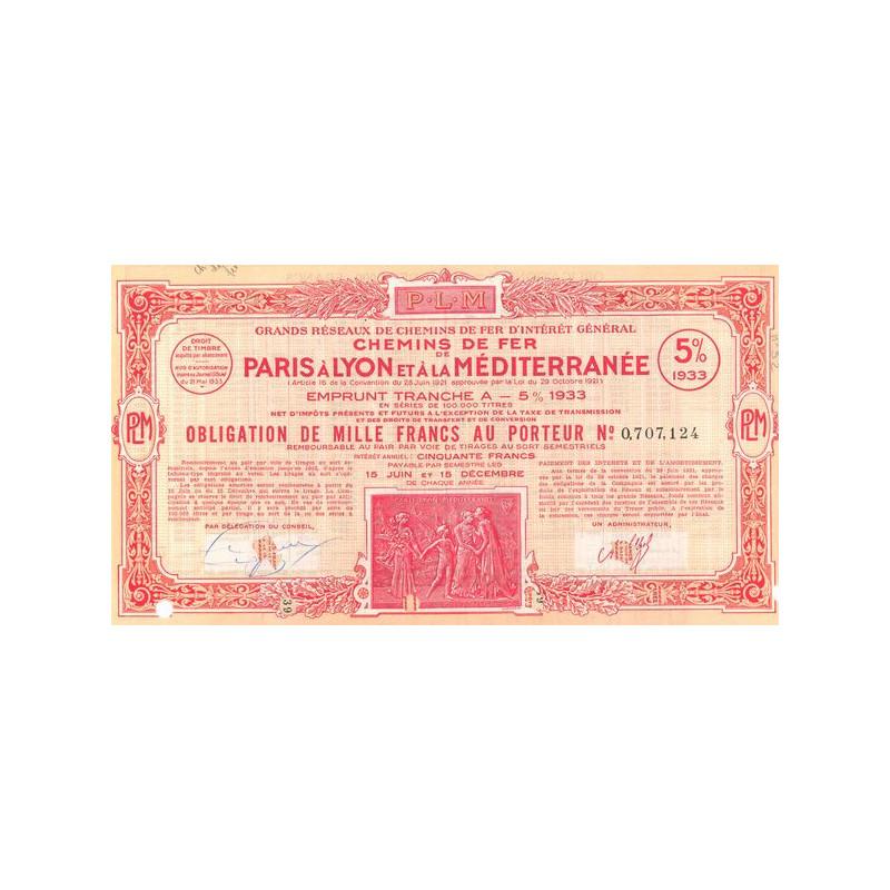 Grands Réseaux de Chemins de Fer d'Intérêt Général - Chemins de Fer de Paris à Lyon et à la Méditerranée - Emprunt 5% 1933 Tranc