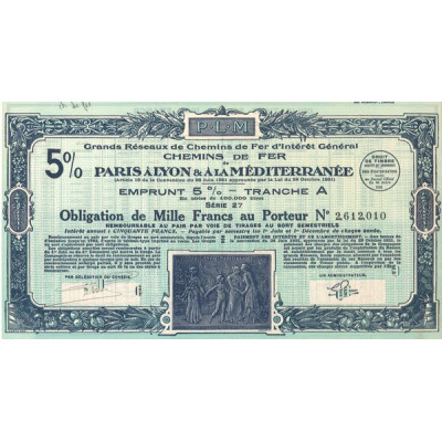 Grands Réseaux de Chemins de Fer d'Intérêt Général - Chemins de Fer de Paris à Lyon et à la Méditerranée - Emprunt 5% 1930 Tranc