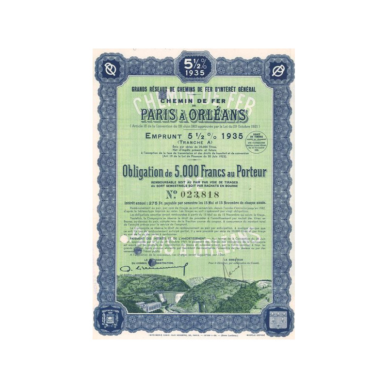 Grands Réseaux de Chemins de Fer d'Intérêt Général - Chemins de Fer de Paris à Orléans - Emprunt 5 1/2 % 1935 Tranche A (Obl 500