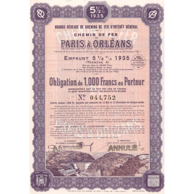 Grands Réseaux de Chemins de Fer d'Intérêt Général - Chemins de Fer de Paris à Orléans - Emprunt 5 1/2 % 1935 Tranche A (Obl 100