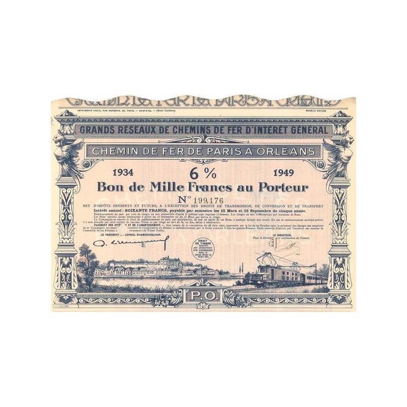 Grands Réseaux de Chemins de Fer d'Intérêt Général - Chemins de Fer de Paris à Orléans - Emprunt 6 % 1934-1949 (Bon 1000 F)