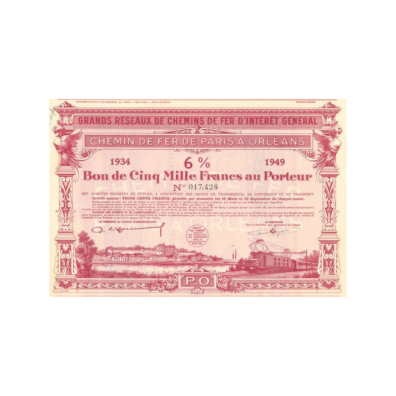 Grands Réseaux de Chemins de Fer d'Intérêt Général - Chemins de Fer de Paris à Orléans - Emprunt 6 % 1934-1949 (Bon 5000 F)