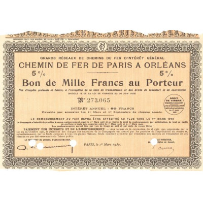 Grands Réseaux de Chemins de Fer d'Intérêt Général - Chemins de Fer de Paris à Orléans - Emprunt 5 % 1932 (Bon 1000 F)