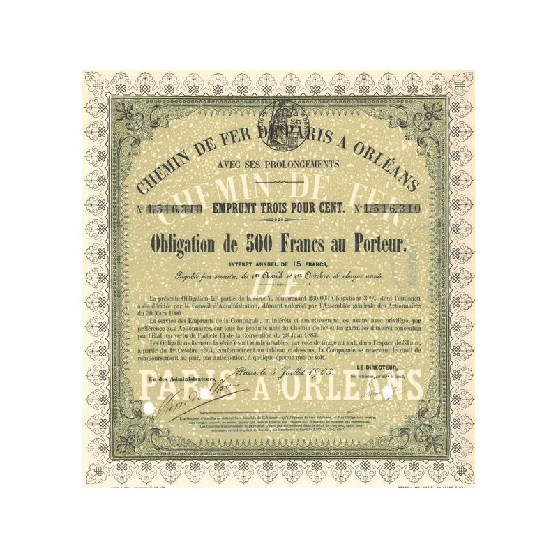 Chemins de Fer de Paris à Orléans avec ses Prolongements - Emprunt 3 % 1903 (Obl 500 F)