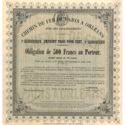 Chemins de Fer de Paris à Orléans avec ses Prolongements - Emprunt 3 % 1910 (Obl 500 F)