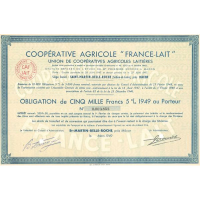 Coopérative Agricole "France-Lait" Union de Coopératives Agricoles Laitières (Obl 5000 F 5% 1949)