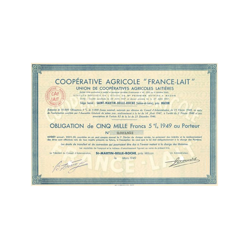 Coopérative Agricole "France-Lait" Union de Coopératives Agricoles Laitières (Obl 5000 F 5% 1949)