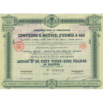 Cie pour la Fabrication des Compteurs & Matériel d'Usines à Gaz - (Nicolas - Chamon - Foiret - Siry - Lizars - Williams - Michel