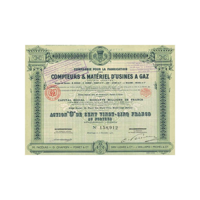 Cie pour la Fabrication des Compteurs & Matériel d'Usines à Gaz - (Nicolas - Chamon - Foiret - Siry - Lizars - Williams - Michel