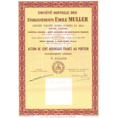 Sté Nouvelle des Ets Emile Muller - Grande Tuilerie d'Yvry fondée en 1854 (Act 100 NF)