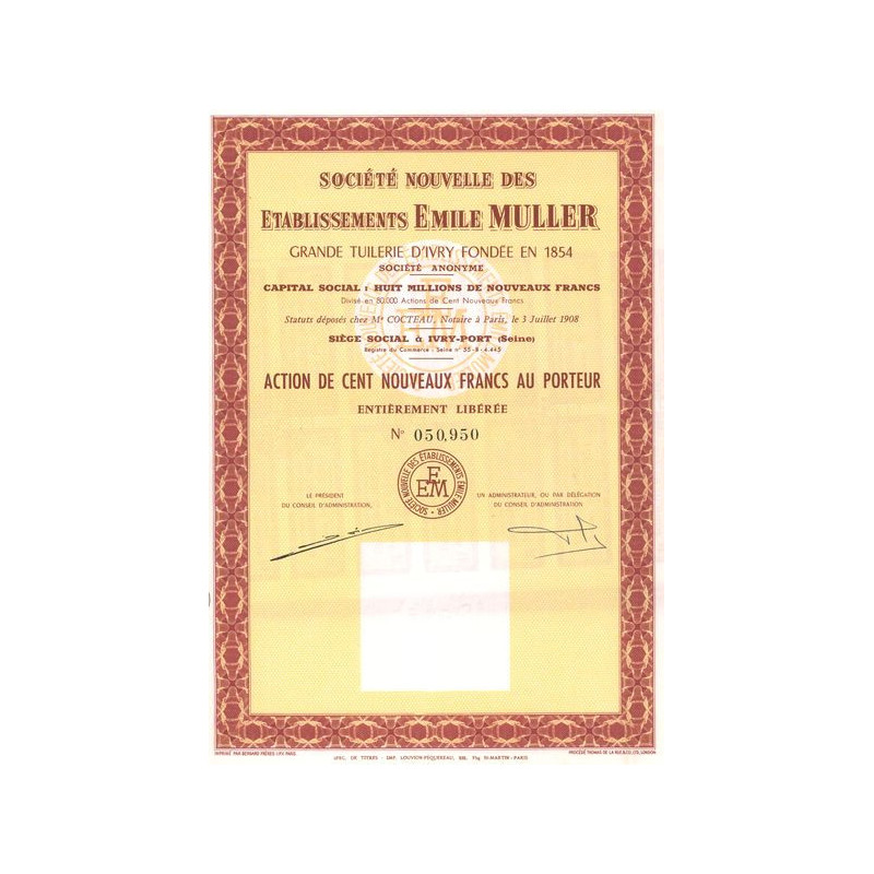 Sté Nouvelle des Ets Emile Muller - Grande Tuilerie d'Yvry fondée en 1854 (Act 100 NF)